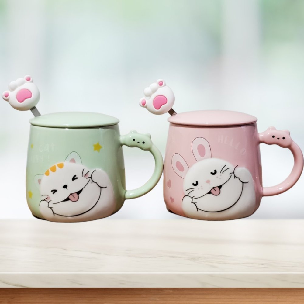 Cute Ceramic Mug with Lid and Spoon